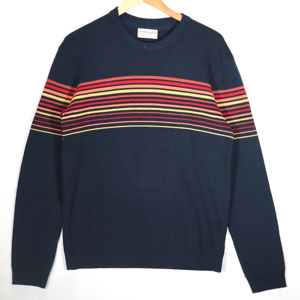 Marine Layer Mens Small Navy Blue Striped Archive Organic Cotton Sweater Crew